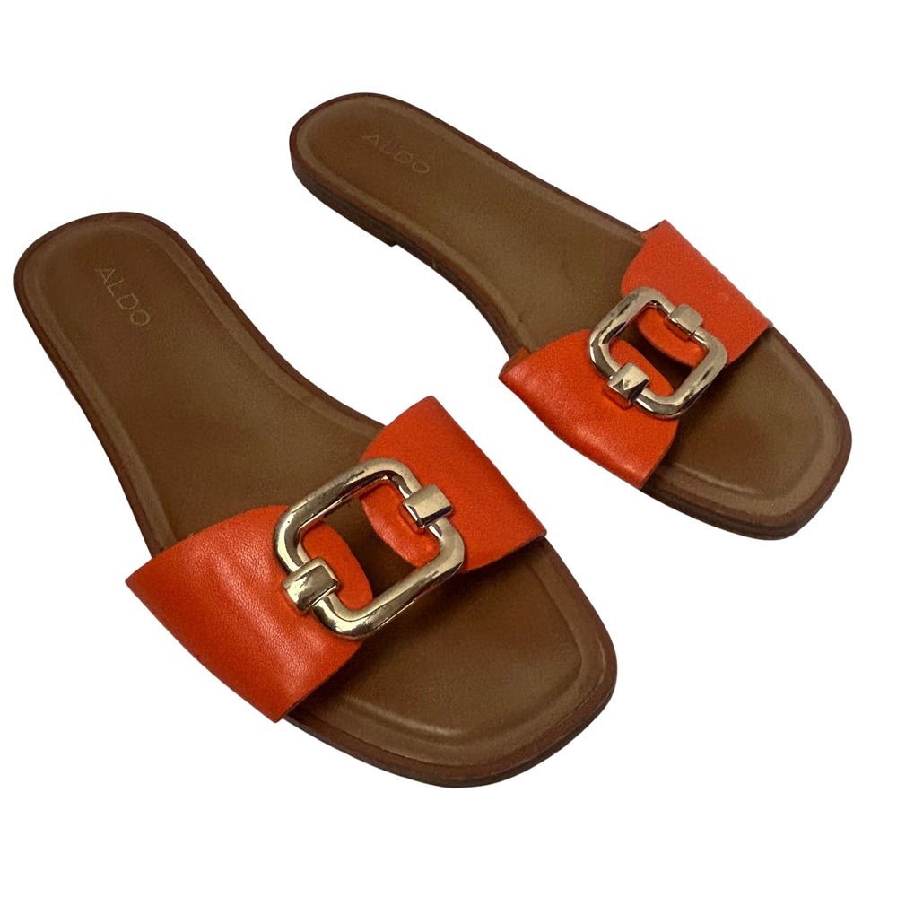 Aldo Orange Buckle Slide Sandals Flat Square Toe Slip On Womens Size 9 EUR‎ 40